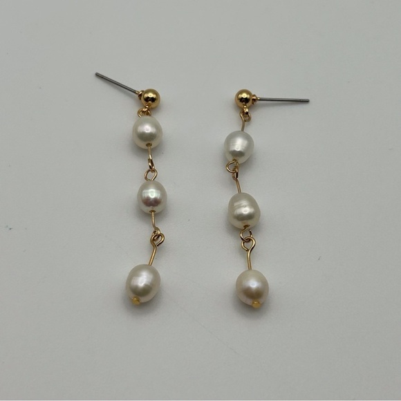 Classic Long Triple White Faux Pearl Stud Dangle Earrings Gold Tone - Picture 3 of 6